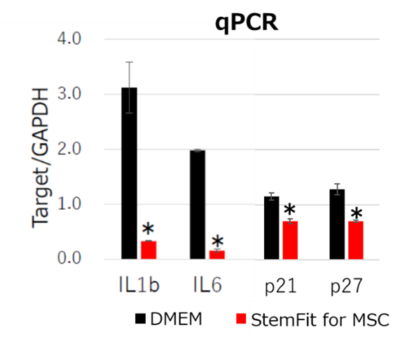 Fig. 2 qPCR analysis of bone marrow derived MSCs. MSCs cultured with StemFit For MSC showed lower inflammatory gene expressions (IL1b, IL6) and aging marker gene expressions (p21, p27) compared to DMEM containing 10%FBS . * p-value <0.05.