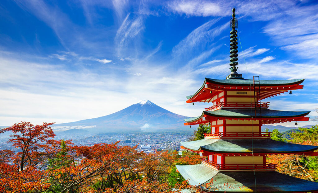 Fuji with rwd pagoda in autumn, JapanJapan-fujiyoshida