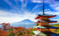 Fuji with rwd pagoda in autumn, JapanJapan-fujiyoshida